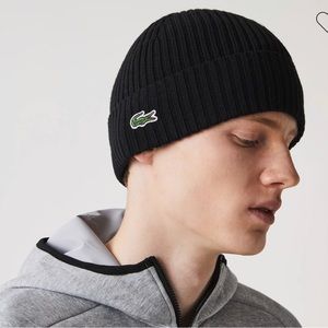 Lacoste Beanie Skully Black ribbed Wool Brand New $45 Retail